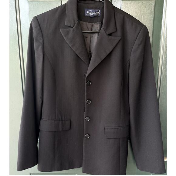 VINTAGE Harold's 100% Wool Sz 6 Black Blazer 4-Button Office Career Flattering - Picture 2 of 6